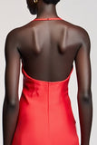 Robe en mousseline de soie froncée fourreau rouge licol