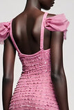 Jacquard rose épaule froide fourreau mini robe