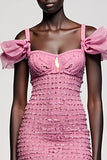 Jacquard rose épaule froide fourreau mini robe