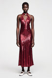 Robe d’invitée de mariée scintillante à paillettes rouge foncé
