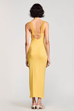 Robe d’invitée de mariage froncée à col en V fourreau jaune