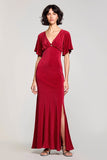 Robe d’invité de mariage à col en V rouge en velours avec fente