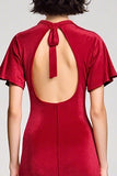 Robe d’invité de mariage à col en V rouge en velours avec fente