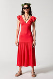 Col V Mousseline Rouge Une Ligne Robe D’invitée De Mariage