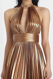 Satin métallisé doré Une ligne plissée dos nu Robe de soirée