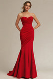 Robe de soirée sirène plissée rouge satin mat mat