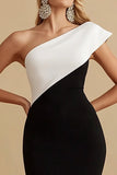 Robe de soirée noire à une épaule sirène en satin