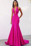 Robe de soirée dos nu sirène fuchsia à col en V profond