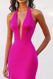 Robe de soirée dos nu sirène fuchsia à col en V profond