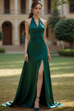 Robe de soirée en satin A Line vert foncé avec fente