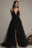 Robe de soirée longue à bretelles spaghetti en tulle aligne noir avec fente