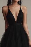 Robe de soirée longue à bretelles spaghetti en tulle aligne noir avec fente