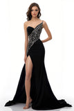 Robe de soirée longue noire scintillante A Line One Shoulder avec fente