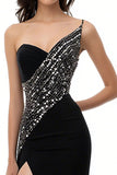 Robe de soirée longue noire scintillante A Line One Shoulder avec fente