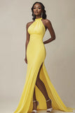 Robe de soirée longue sirène en satin jaune avec fente