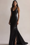 Robe de soirée sirène noire à col rond avec fente