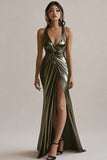Robe de soirée sirène froncée métallisée olive avec fente