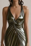 Robe de soirée sirène froncée métallisée olive avec fente