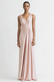Robe de soirée longue en satin à col en V rose