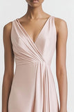 Robe de soirée longue en satin à col en V rose