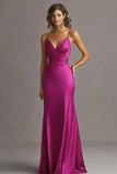 Robe de soirée longue froncée à col en V fuchsia