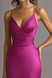 Robe de soirée longue froncée à col en V fuchsia