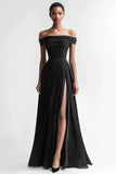 Robe de soirée noire A Line à épaules dénudées avec fente