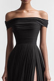 Robe de soirée noire A Line à épaules dénudées avec fente