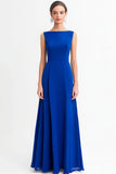 Robe de soirée bleu roi à col bateau trapèze