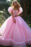 Robe de bal à paillettes à manches bouffantes rose à volants Quinceanera Dress