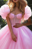 Robe de bal à paillettes à manches bouffantes rose à volants Quinceanera Dress
