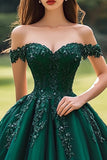 Robe de bal princesse à épaules dénudées vert foncé Robe Quinceanera appliquée