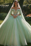 Robe de bal à paillettes à épaules dénudées Robe Quinceanera à paillettes vert clair