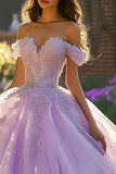Robe de bal à épaules dénudées Robe Quinceanera lilas appliquée