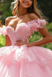 Princesse à volants Robe de bal à épaules dénudées Robe rose Quinceanera