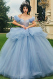 Robe de bal bleu poussiéreux à paillettes Robe longue Quinceanera à épaules dénudées avec volants