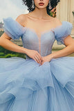 Robe de bal bleu poussiéreux à paillettes Robe longue Quinceanera à épaules dénudées avec volants