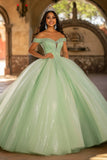 Robe de bal verte en tulle clair scintillant longue quinceanera avec appliques