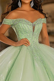 Robe de bal verte en tulle clair scintillant longue quinceanera avec appliques