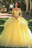 Robe de bal jaune en tulle appliqué longue quinceanera robe à volants