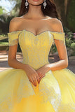 Robe de bal jaune en tulle appliqué longue quinceanera robe à volants