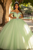 Robe de bal vert clair scintillante Robe longue en tulle Quinceanera avec appliques
