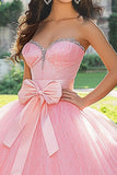 Robe de bal rose scintillante Tulle Sweetheart Robe longue Quinceanera avec noeud