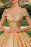 Robe de bal en or scintillant à épaules dénudées princesse longue quinceanera robe avec appliques