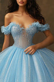 Robe de bal corset à paillettes bleu ciel Robe longue princesse Quinceanera à volants