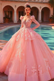 Robe de bal rose Tulle Manches longues Princesse Quinceanera Robe à volants