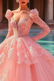 Robe de bal rose Tulle Manches longues Princesse Quinceanera Robe à volants