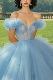 Robe de bal bleu ciel princesse tulle longue quinceanera robe à volants