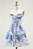 Bustier blanc bleu fleur corset A-line à volants