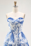 Bustier blanc bleu fleur corset A-line à volants